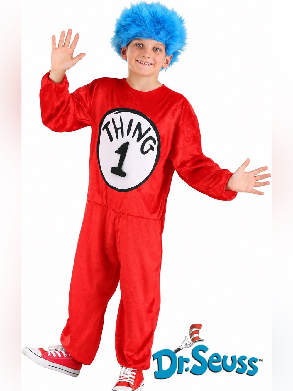 🎃 Dr. Seuss Thing 1 Kids Halloween Costume Small 4-6 + Blue Wig